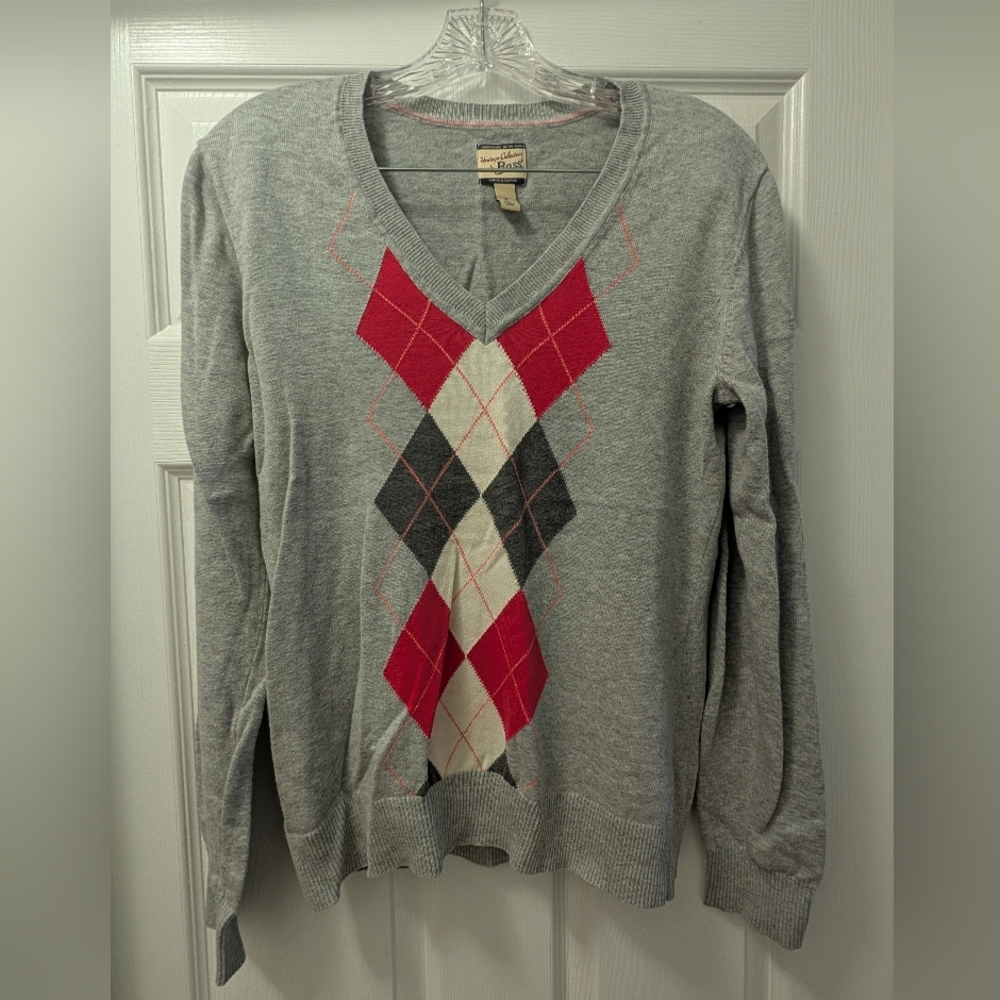Bass Gray & Pink Argyle V-Neck Sweater Size S